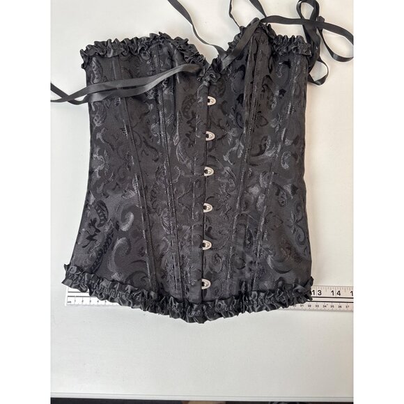 Vintage Pin Up Black Jacquard Floral Lace Up Boned Frilly Corset Bustier Top S - Picture 9 of 10